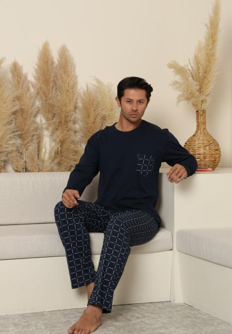 Pijama Barbati ,Maneca si Pantaloni Lungi, Culoare Bleumarin cu Alb,Engros